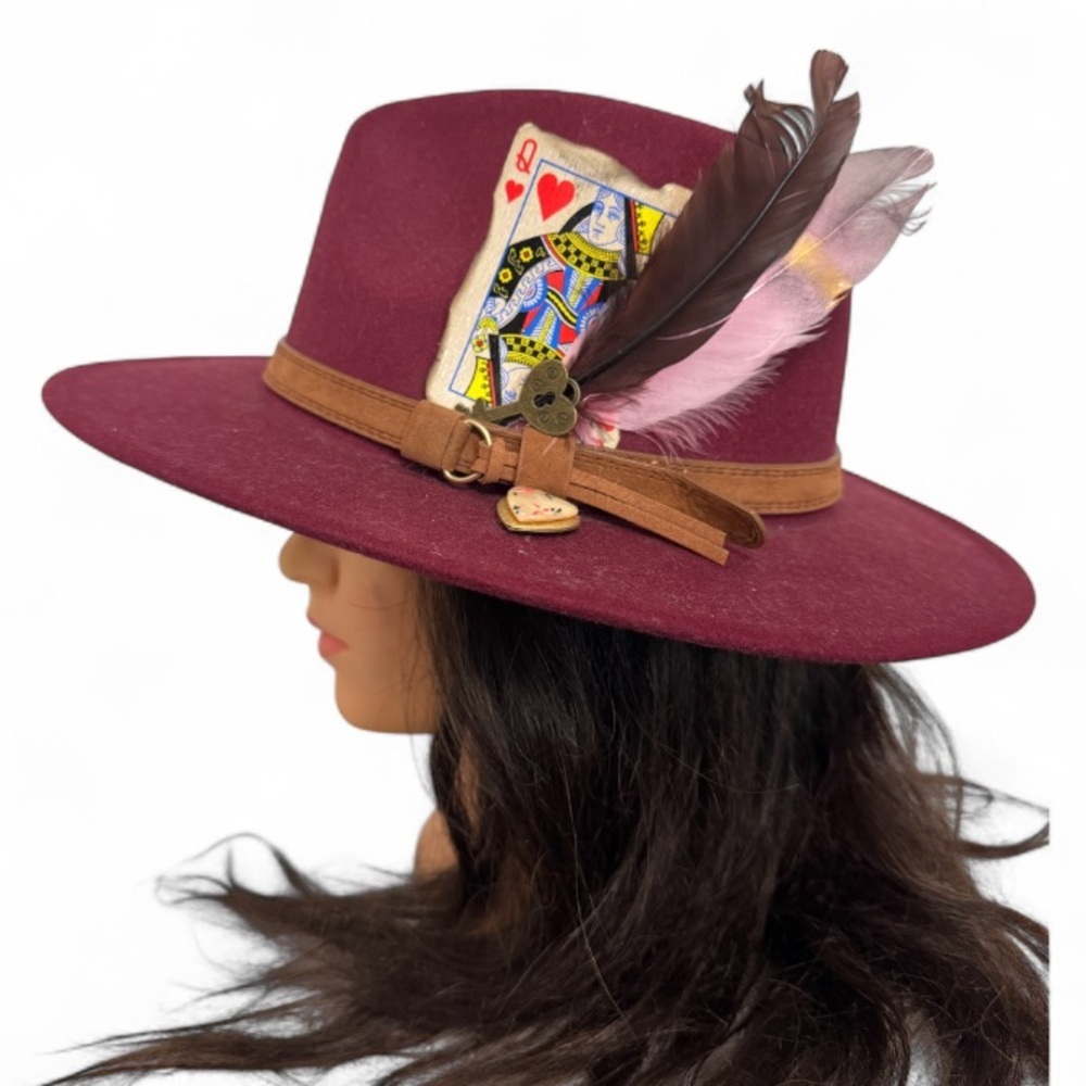 Burgundy Fedora Hat with Feather and Card Key Detail